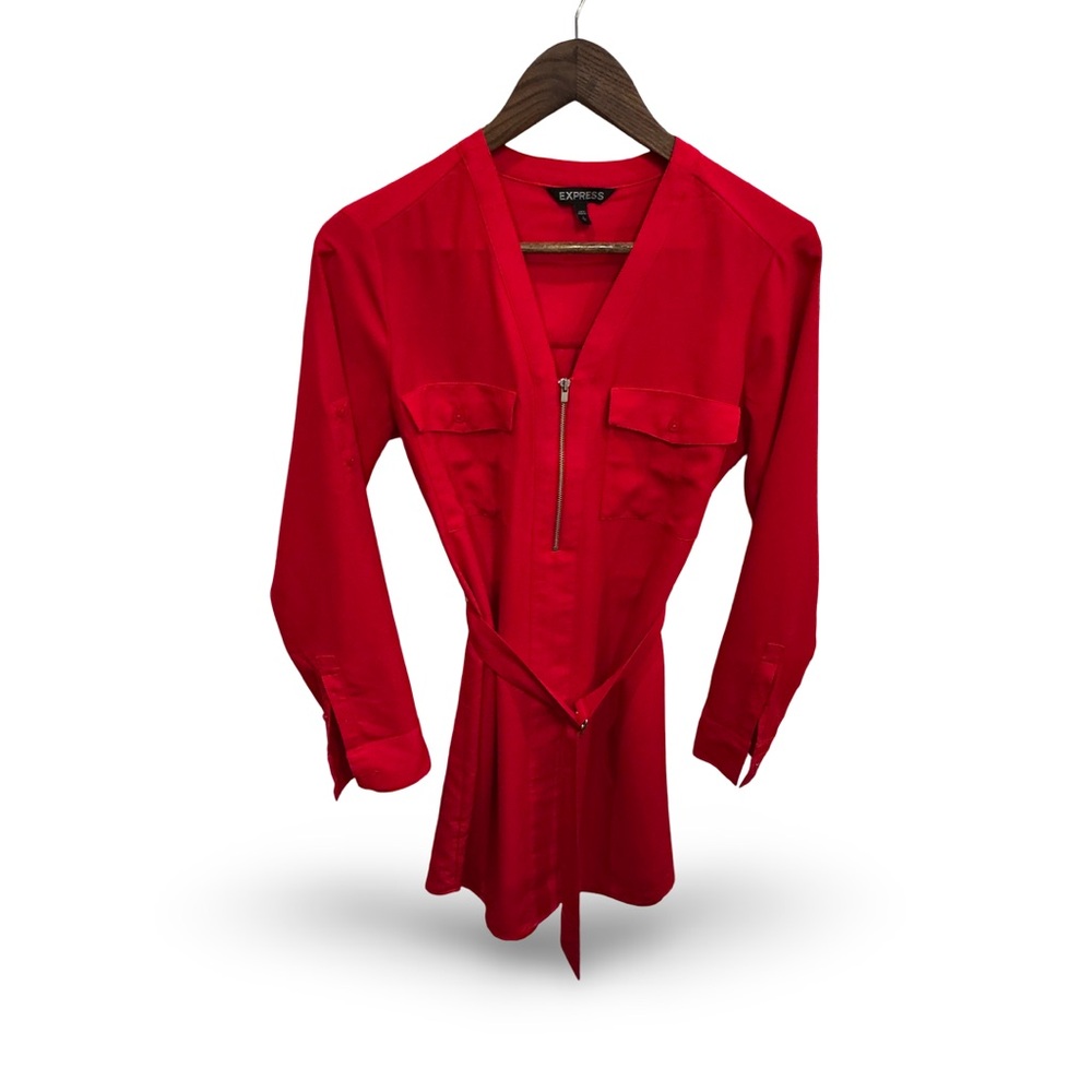 Express Vibrant Red Zip-Up belted dress with adjustable sleeves